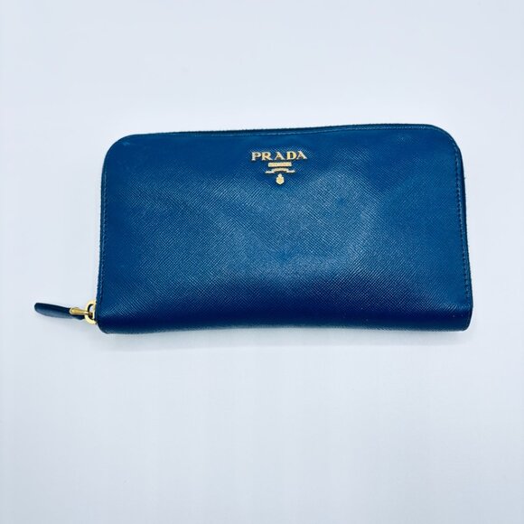 Prada  Large PSaffiano Leather Zip Wallet Blue Authentic Designer - Picture 1 of 5